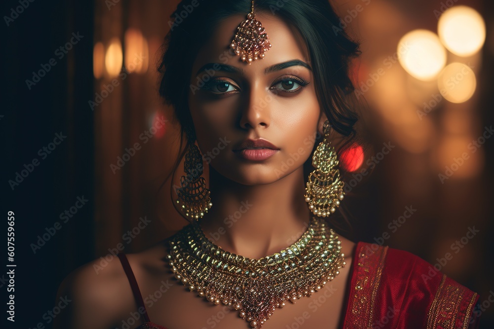 Wall mural Attractive young Indian woman wearing traditional jewelry. Head shot portrait. Generative AI