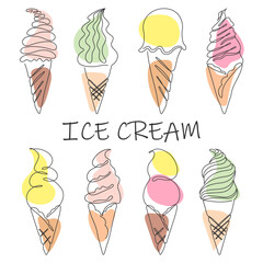 Collection of Ice cream continuous Line. Doodle one line illustration of ice-cream. Minimalist Summer linear set