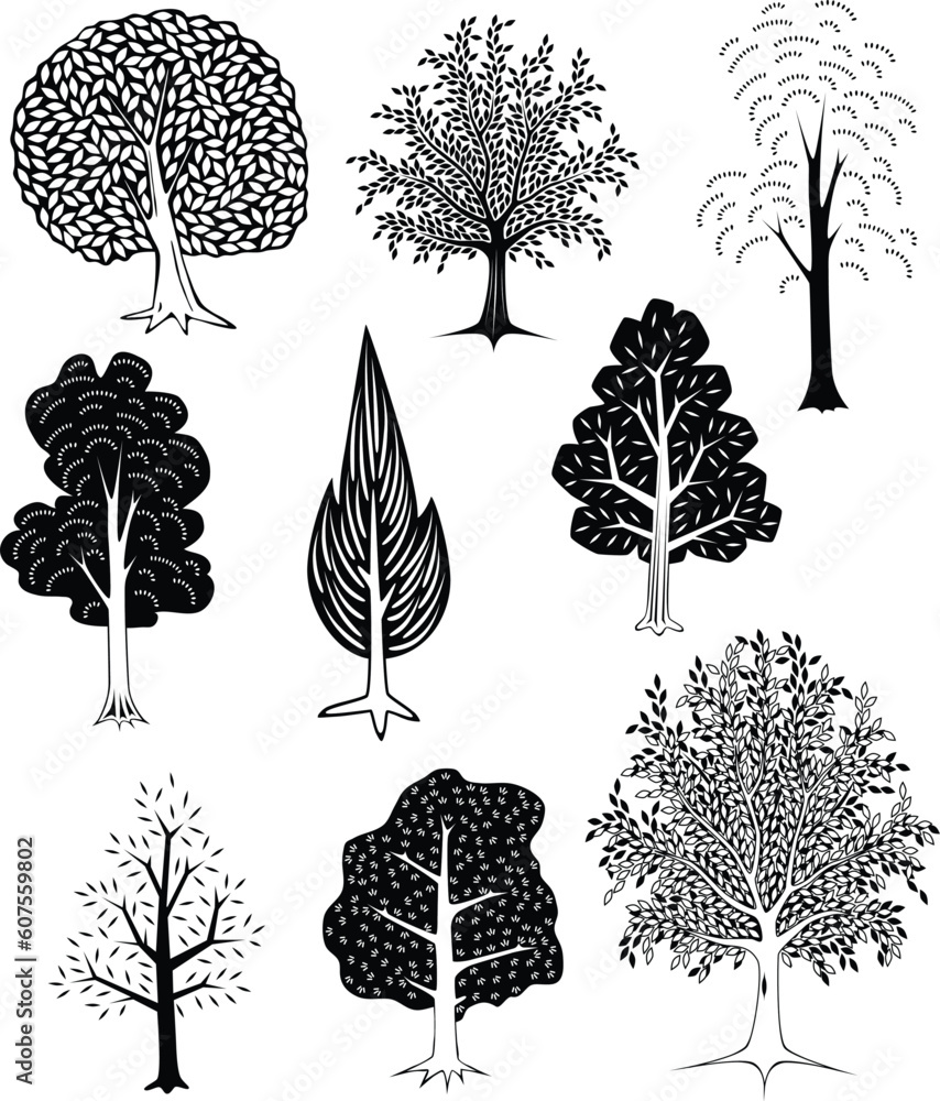Poster Set of simple editable vector tree designs
