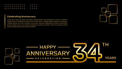 34th year anniversary template design with gold color, vector template illustration