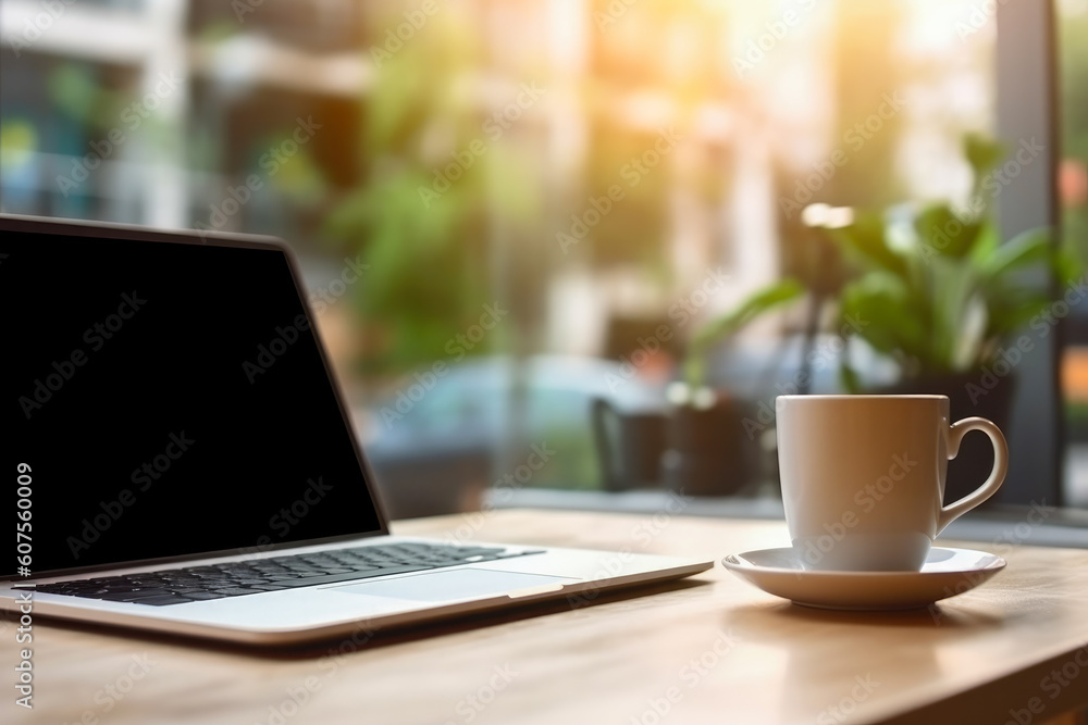 Poster laptop with a blank screen with cup beside it, placed on a table with a bokeh style background