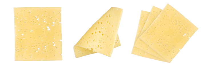 Swiss cheese png isolate. Cheese slices with many small holes, close-up. Swiss cheese is cut into thin slices of different shapes, isolated on a white background.