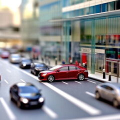 Fototapeta na wymiar Cityscape with Red Car in Tilt-Shift Focus, generative AI