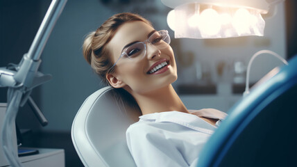 Patient at the dentist's appointment sitting in the dental chair, dental treatment, dentures, cavities, Generated AI