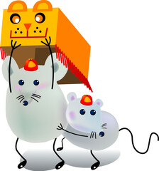 Fototapeta premium Two little mouse playing lion dance, cartoon, vector, illustration