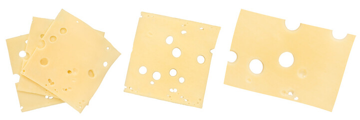 Emmental cheese isolate. Cheese slices with big holes close-up. Emmental cheese is cut into thin...