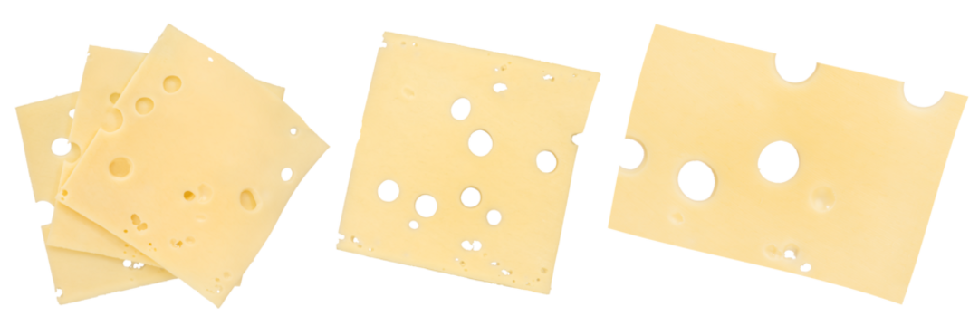 Emmental cheese isolate. Cheese slices with big holes close-up. Emmental cheese is cut into thin slices of different shapes, isolated on a white background.