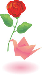 vector illustration for a paper craft bird sending a rose for lover