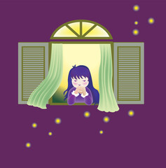 a vector illustration for a little girl is praying beside the window and some firefly outside.