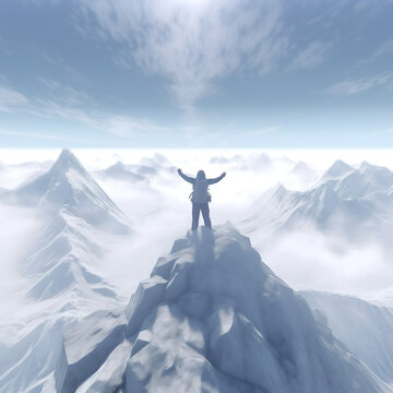 Person on top of Mountain, raising hands in the air made with generative ai