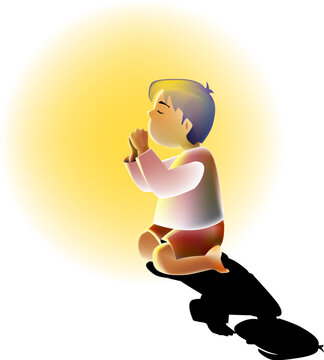 a vector illustration for a little boy is kneeling for praying and a light is shine on him