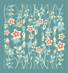 Green stylized  background with flowers and leaves.