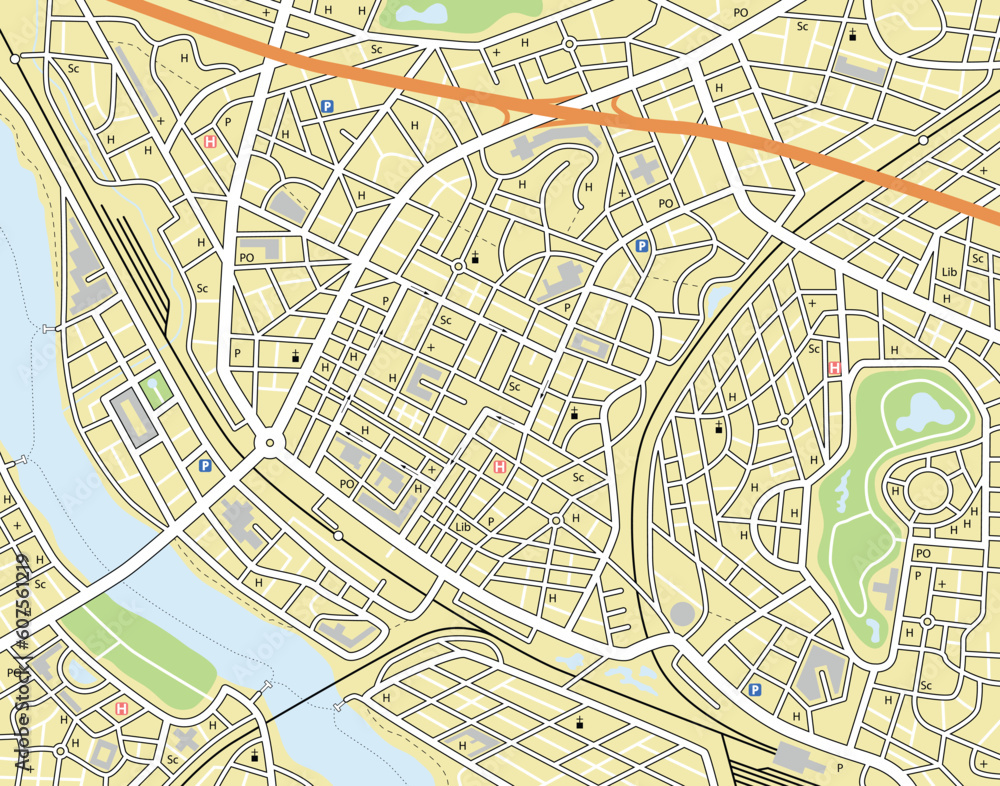 Poster editable vector map of a generic city with no names