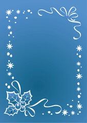 White snowflakes border on a blue ornate background. Christmas illustration.
