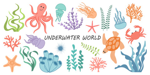 Big collection of underwater creatures. Cute colorful hand drawn marine animals and seaweed. Summer sea background with octopus, jellyfish, crab, star, turtle