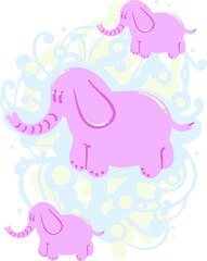 A group of pink elephants on a swirly background.