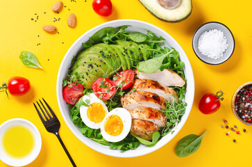 Grilled Chicken Fillet with Fresh Salad, Cherry Tomatoes, Boiled Egg and Avocado, Budha Bowl, Keto Paleo Diet Menu