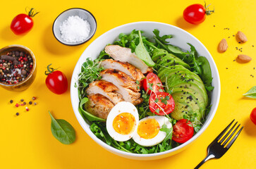 Grilled Chicken Fillet with Fresh Salad, Cherry Tomatoes, Boiled Egg and Avocado, Budha Bowl, Keto Paleo Diet Menu
