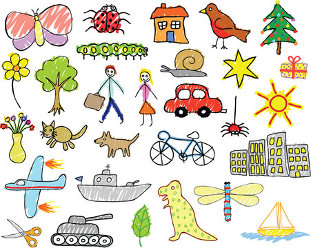 Set of editable vector illustrations of children's drawings
