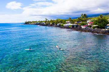 Aerial View: Surfers Anticipating Epic Waves in Kona - obrazy, fototapety, plakaty