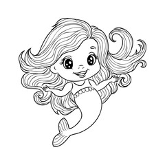 Little mermaid princess Vector outline for coloring book