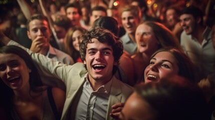 Obraz premium engineers partying in a crowded room that is warmly lit for an invitation to an end of year party at a university.generative ai.