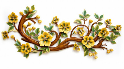 Painted wood carving, bas relief style floral design with carved wood branches, green leaves, and yellow flowers, on a white background. Abstract illustration created with Generative AI technology.