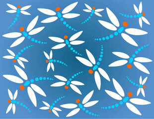 Blue ornate cartoon dragonflies on a dark background.