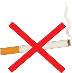 A single lit cigarette with a billow of smoke and a red cross over it