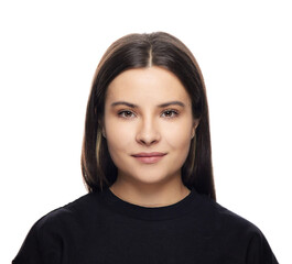 close-up headshot portrait of a brunette girl, on a white background isolate.