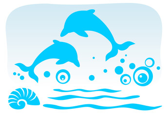 Two ornate dolphins on a blue sky background.