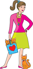 A young, very fashionable woman wearing a lot of jewellery and holding a bag with two kittens in it.  The mother cat is leaning against her leg.