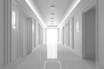 Fototapeta premium Illuminated corridor interior design. Empty Room Interior Background, creative ai