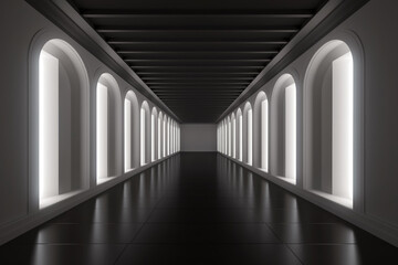 Illuminated corridor interior design. Empty Room Interior Background, creative ai