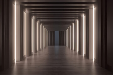 Illuminated corridor interior design. Empty Room Interior Background, creative ai