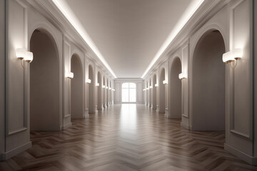 Plakat Illuminated corridor interior design. Empty Room Interior Background, creative ai