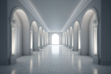 Illuminated corridor interior design. Empty Room Interior Background, creative ai