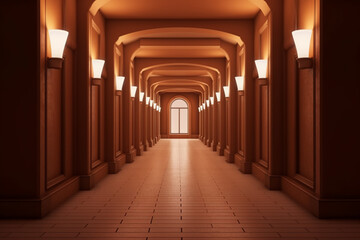 Fototapeta premium Illuminated corridor interior design. Empty Room Interior Background, creative ai