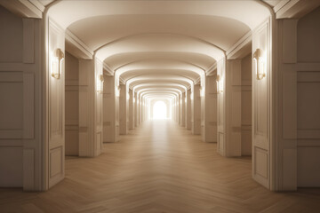 Obraz premium Illuminated corridor interior design. Empty Room Interior Background, creative ai