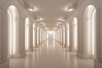 Naklejka premium Illuminated corridor interior design. Empty Room Interior Background, creative ai