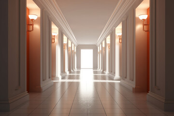 Obraz premium Illuminated corridor interior design. Empty Room Interior Background, creative ai