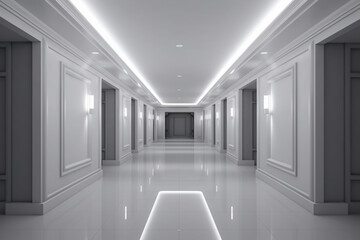 Obraz premium Illuminated corridor interior design. Empty Room Interior Background, creative ai