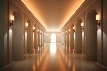 Illuminated corridor interior design. Empty Room Interior Background, creative ai