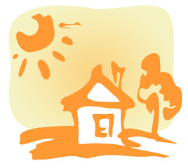 Cartoon house and sun on a yellow background.