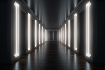 Illuminated corridor interior design. Empty Room Interior Background, creative ai