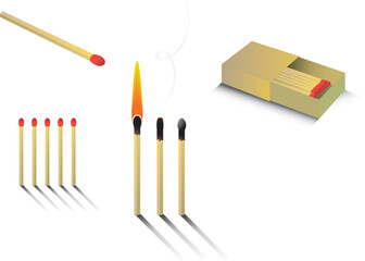 A seclection of match visuals ranging from an unlit box of matches to a single extinguisehed match