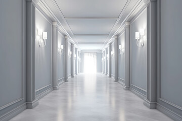 Obraz na płótnie Canvas Illuminated corridor interior design. Empty Room Interior Background, creative ai