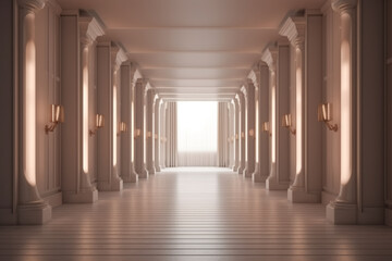 Illuminated corridor interior design. Empty Room Interior Background, creative ai