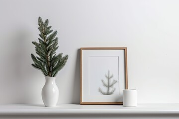 Against a white background, a vase with a fir branch and an empty frame are placed. Draft for a design. Generative AI