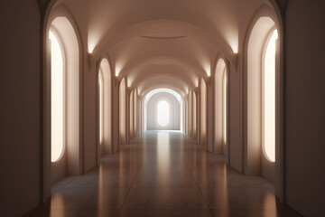 Fototapeta premium Illuminated corridor interior design. Empty Room Interior Background, creative ai